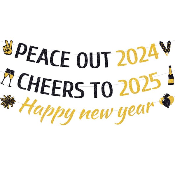 Hokinaa Happy New Year Banner - 3Pcs Peace Out 2024 Eve Party Supplies Gold Glitter Cheers to 2025 Sign Champagne Hanging Decor for Home Indoor Outdoor Wall Decoration Holiday Winter Party Decorations