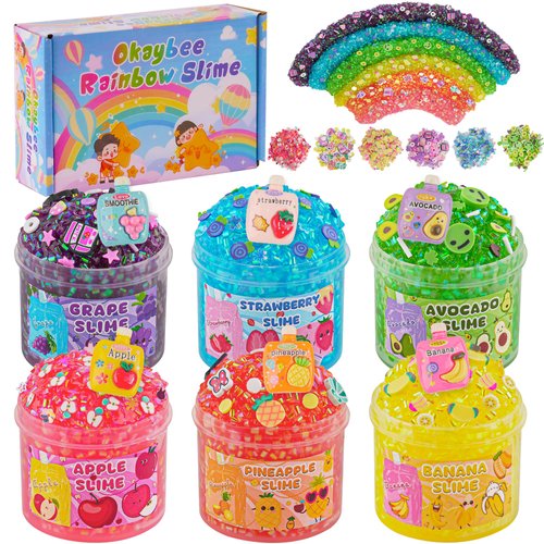 Okaybee 6 Pack Bingsu Crunchy Slime Kit, Rainbow Slime for Kids, with Cute Slime Charms & Add-ins, Slime Party Favors Sensory Toys, Holiday Birthday Easter Hallowmas Christmas Girls Gift & Boys Gift