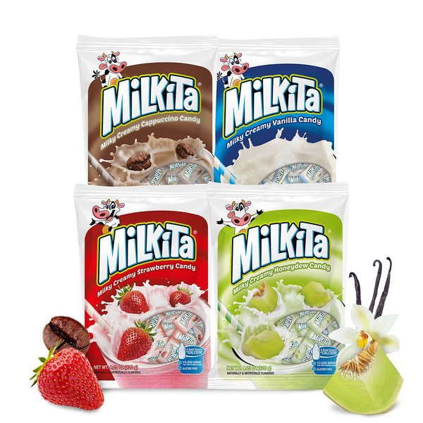 Milkita Creamy Shake Candy Pack of 4, Gluten Free Chewy Candies with Calcium & Real Milk, Zero Trans Fat, Low-Sugar, Assorted Flavors (Vanilla, Strawberry, Cappuccino, Honeydew), 120 Pcs