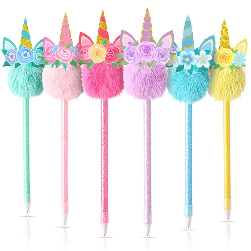 Cholemy 24 Pieces Unicorn Party Favor Pens Bulk Unicorn Fluffy Fuzzy Pens Rainbow Unicorn Pom Pom Pen Unicorn Plush Ballpoint Pens for Classroom School Office Unicorn Party Favors