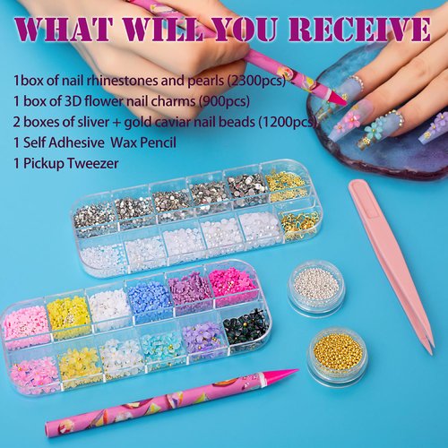 4400pcs 3D Flower Nail Charms and Gems, Colorful Acrylic Flower Charms for Nails Design,4 Boxes Nail Art Rhinestones and Flatback Pearl Nail Charms,Silver Gold Caviar Beads with Wax Pencil Tweezers