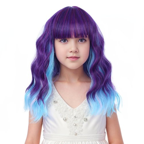 Edivd Purple Mixed Blue Wig for Kids Short Rainbow Wig with Air Bangs for Girls Short Colorful Wavy Curly Wig for Child Heat Resistant Synthetic Wig with Wig Cap