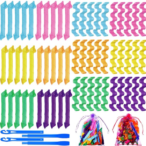 Yilloog 60 Pieces Spiral Curlers Styling Kit 2 Styles No Heat Hair Wave Heatless Curler Silicone Hair Curlers with 2 Pieces Hooks and Bags for Women Girl's Long and Short Medium Hair(17.7 Inch)