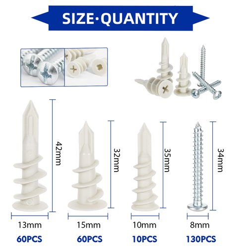 260 Pieces Drywall Anchors Self Drilling Hollow Wall Anchors with Screws, No Pre Drill Hole Preparation Required, Nylon Plastic, 10x35mm, 13x42mm, 15x32mm