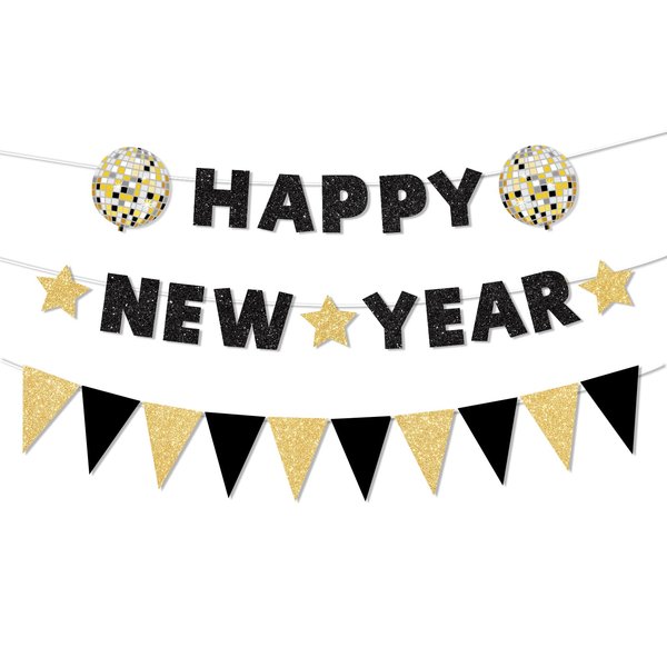 Glitter Happy New Year Banner Decorations Black New Years Eve Banner Sign Party Supplies Hello 2025 Happy New Year for Happy New Year Decorations Party Supplies 2025 Home Holiday Decorations