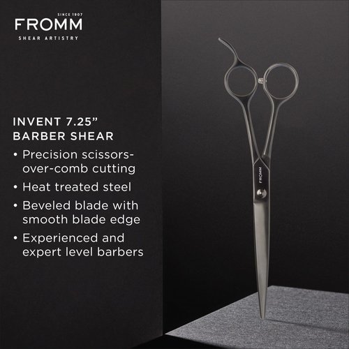 Fromm Professional Invent 7.25" Precision Scissors Over Comb Cutting Barber Shears in Gunmetal Heat Treated Steel Scissors with Opposing Handle, Beveled Blade, Smooth Edge for Crisp Lines
