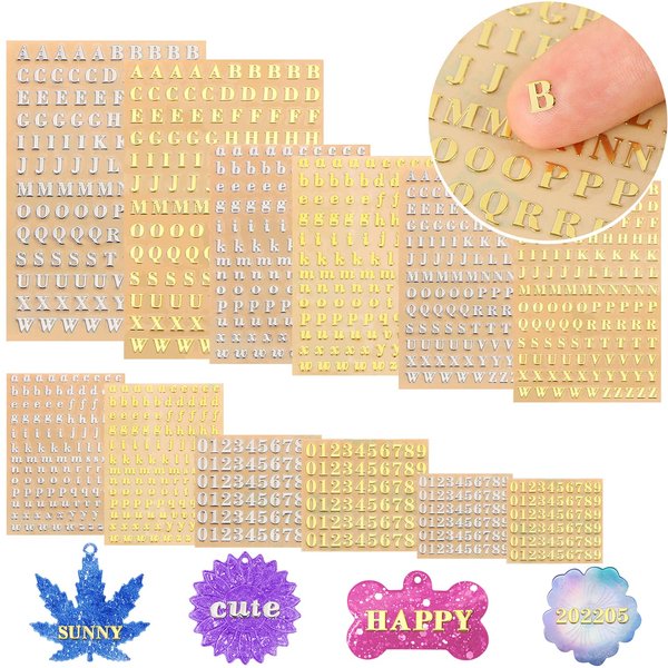 MIKIMIQI 12 Pcs Letter Resin Stickers Mini Alphabet Number Stickers for Resin Supplies, Alloy Self Adhesive Letters Stickers for Epoxy Resin Casting Decoration, Glitter Gold and Silver 4.5mm 3mm