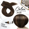 Moresoo Hand Tied Weft Hair Extensions Human Hair Brown Highlight Sew in Hair Extensions Real Human Hair Darkest Brown Highlighted with Light Brown Double Weft Hair Wefts Sew in Extensions 100g