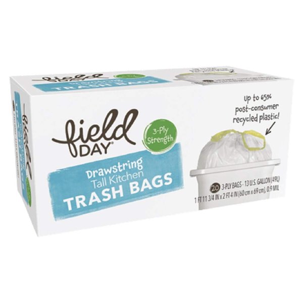 Field Day Drawstring Tall Kitchen Trash Bags, 20 Count