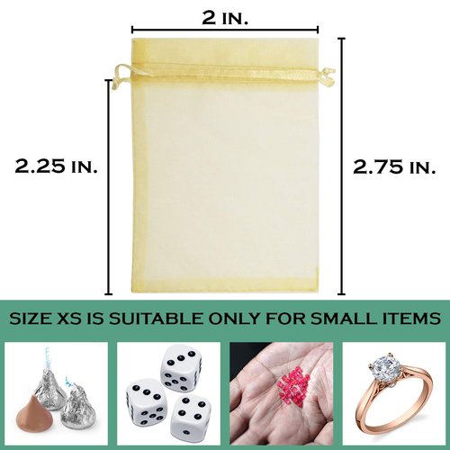 TheDisplayGuys 100-Pack XS 2 x 2 3/4" Gold Sheer Organza Gift Bags with Drawstring, Jewelry Candy Treat Wedding Party Favors Mesh Pouch