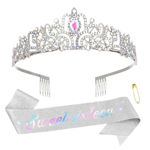 CUBACO Sweet 16 Sash and Birthday Crown for Girls, 16th Birthday Tiara Crown,Sweet 16 Birthday, 16th Birthday Decorations for Girls (Sliver-AB)