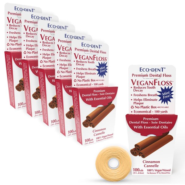 Eco-Dent VeganFloss Dental Floss, Waxed, Cinnamon - Floss with Vegan Plant-Based Wax, Recyclable Cardboard Packaging, 100 Yds (Pack of 6)