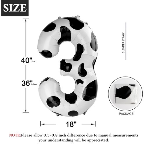 Cow Print Number Balloon Birthday Decorations, 40 inch Number balloon 0-9(Zero-Nine), Cow Balloon for Farm Birthday Party Supplies, Cow Themed birthday party Decorations (Number 3)