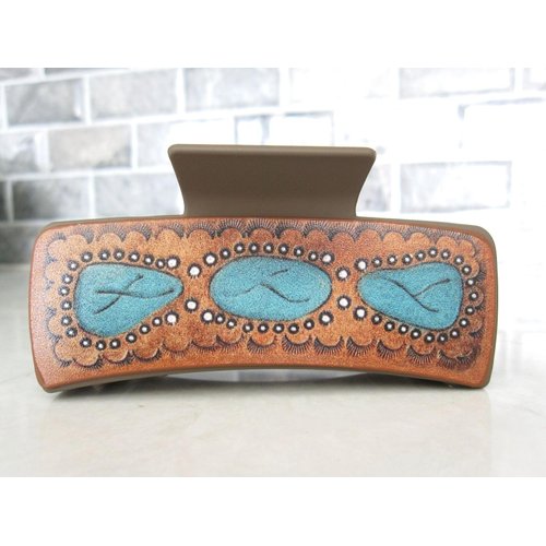 Generic Long brown faux leather effect turquoise blue native tribal hair claw clip
