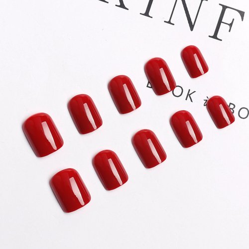 Short Press on Nails Square New Year Colors, Gel Made Solid Color Wine Red Glossy Nail Decoration Acrylic Nails, False Nails Stick Glue on Nails Kit, 24 Pcs