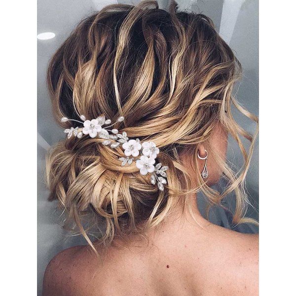 Heread Flower Bride Wedding Hair Pins Silver Crystal Bridal Hair Accessories Leaf Head Piece for Women and Girls (Pack of 2)