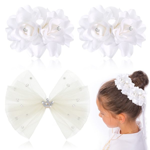 Girls Wedding Gift 3 Pcs Baby Girl White Hair Bows Pearl Bow Hair Clip Bridal Hair Clip White Flower Hair Clip for Wedding Party First Communion