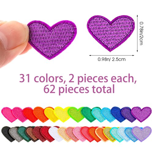 Teaaha 62 PCS Heart Patch Mini Heart Iron on Patches Cute Embroidered Sew on Love Applique Patches for Jeans Jackets Hats Bags Backpacks Clothes DIY Craft Repair Decorations(31color)