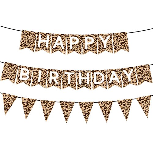 Leopard Print Happy Birthday Banner, Cheetah Print Pennant Banner, Cheetah Birthday Decorations, Cheetah Party Decorations, Jungle Safari Animal Print Baby Shower Theme Birthday Party Supplies