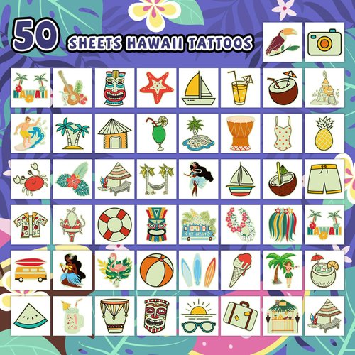 EMOME Luminous Beach Luau Pool Party Decorations, 50 Individually Wrapped Sheets Glow Beach Tattoos Goody Bag Stuffers for Kids, Hawaiian Party Favors Kids Tattoos