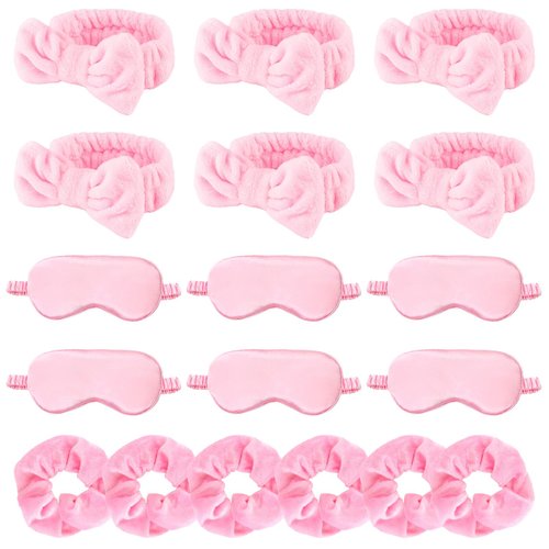 WHAVEL 18 Pcs Sleepover Party Supplies for Girls - Pink Party Favors Include 6 Spa Headband, 6 Silk Eye Mask and 6 Velvet Scrunchies for Spa Birthday, Bachelorette Party, Slumber Wedding (Pink)