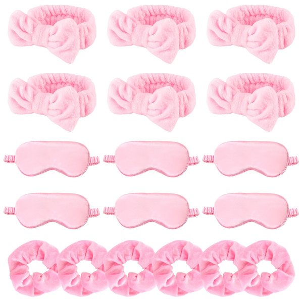 WHAVEL 18 Pcs Sleepover Party Supplies for Girls - Pink Party Favors Include 6 Spa Headband, 6 Silk Eye Mask and 6 Velvet Scrunchies for Spa Birthday, Bachelorette Party, Slumber Wedding (Pink)