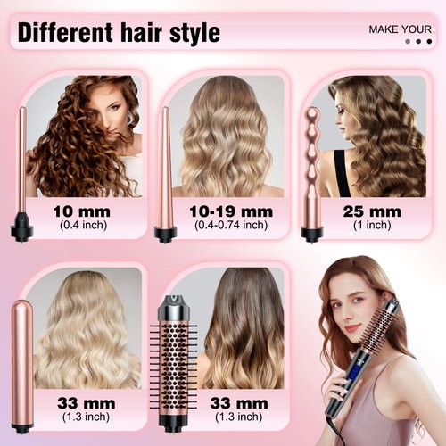 Bo'laiya 5 in 1 Curling Iron Set with Thermal Brush and Temperature Display, 4 Interchangeable Ceramic Curling Wand(0.4'' - 1.3'') and Heat Protective Glove & 2 Clips -Rose Gold
