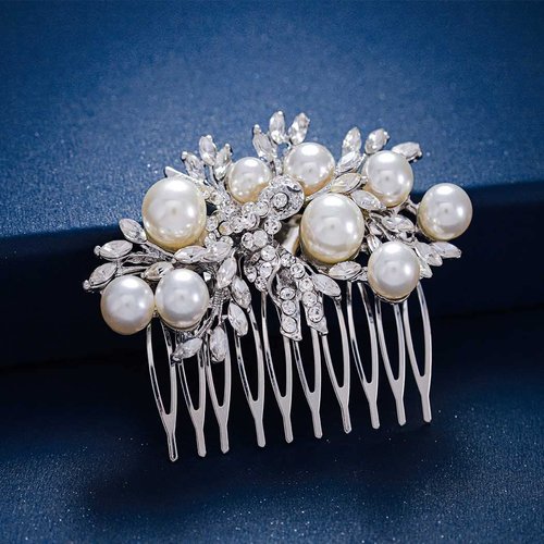 Foyte Crystal Wedding Hair Comb Pearl Bride Headpiece Silver Rhinestone Hair Piece Bridal Side Hair Accessories for Women and Girls