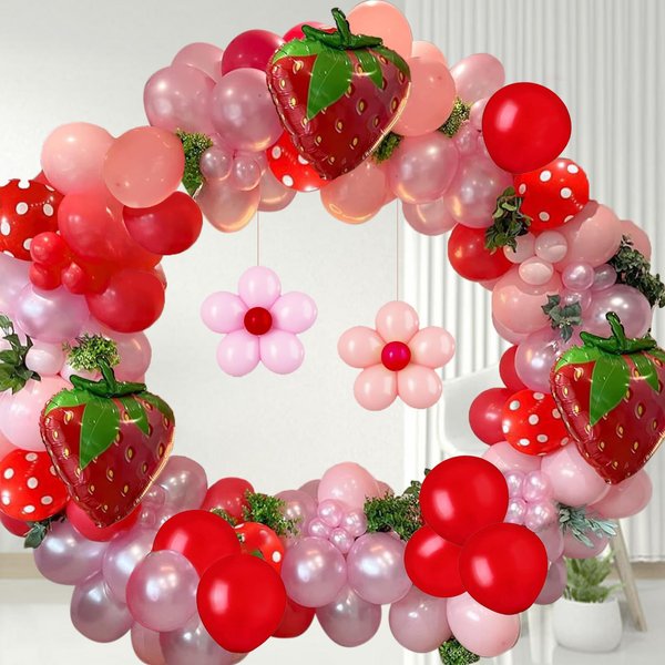 Strawberry shortcake Party Decorations Balloon Garland Arch Kit with 18inch Strawberry Balloons Red Pink Makaorange Polka Dot Balloons for Sweet Girl Berry First Themed Birthday Party Supplies