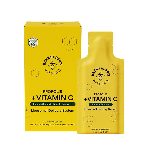 Propolis Liposomal Vitamin C by Beekeeper's Naturals, 1000mg Vitamin C, Propolis & Organic Honey, Supercharged Immune Support & Increased Bioavailibity for Max Absorption, 12 Ct