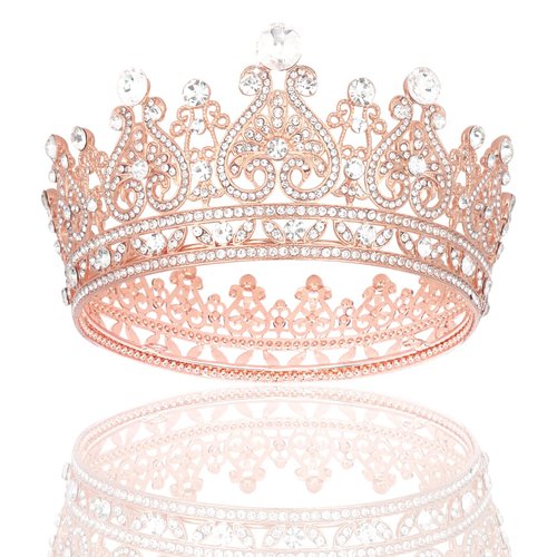 YARIEW Small Rose Gold Crystal Crown for Little Girls Flower Bouquets Accessories Rhinestones Wedding Cake Topper Birthday Crown for Kids Cake Decorations