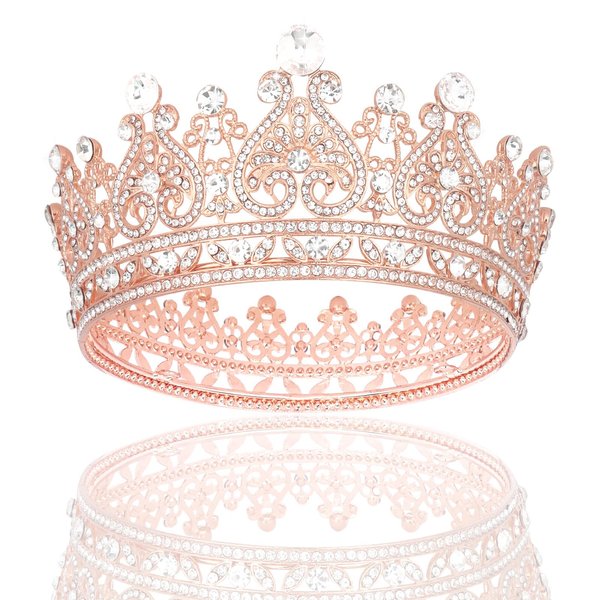 YARIEW Small Rose Gold Crystal Crown for Little Girls Flower Bouquets Accessories Rhinestones Wedding Cake Topper Birthday Crown for Kids Cake Decorations