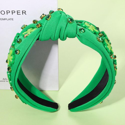 CEALXHENY St. Patrick's Day Headband for Women Green Shamrock Headband Embellished Crystal Rhinestone Knotted Headband St. Patrick's Day Hair Accessories Outfits Irish Holiday Gifts (Shamrock 2)
