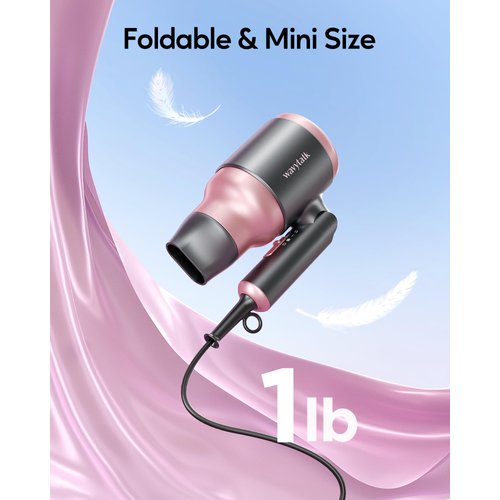 Wavytalk Portable Hair Dryer with Diffuser, Foldable Mini Hair Dryer with Lightweight Design, 1600W Small Hair Blow Dryer with Diffuser for Curly Hair Fast Drying, Rose Pink