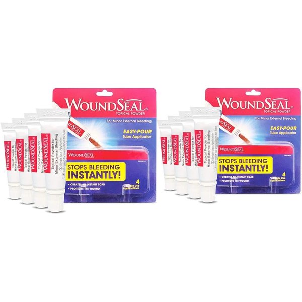 WoundSeal Powder 4 Each (Pack of 2) - Wound Care First Aid for Cuts, Scrapes and Abrasions - Stops Bleeding in Seconds Without Stitches or Bandages - Safe and Effective for People of All Ages and Pets