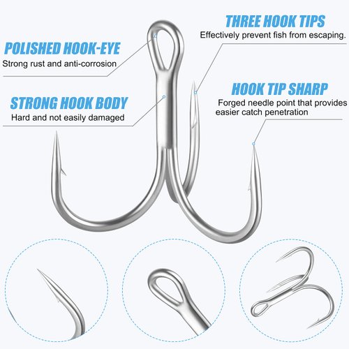 Treble Fishing Hooks,Super Sharp Solid Triple Barbed Fish Hook Strong Wide Gap High Carbon Steel Barbed Hook for Fishing Lures Baits Freshwater Saltwater (Silver 10# 125pcs)