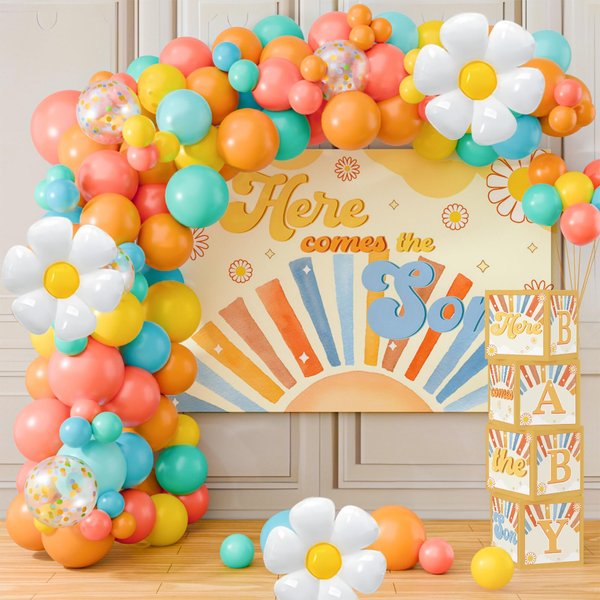 Here Comes the Son Baby Shower Decor for Boy-100Pcs Sunshine Baby Boxes, Sun Daisy Theme Balloons Arch Kit and Here Comes the Son Backdrop for Boho Baby Shower Decorations, 1st Birthday Party Supplies