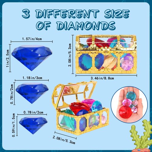 YUJUN Diving Gem Pool Toys 10 Colorful Big Diamond Gem with Treasure Pirate Chest Box Summer Underwater Acrylic Gemstones Set for Kids Swimming Pool Party Favors