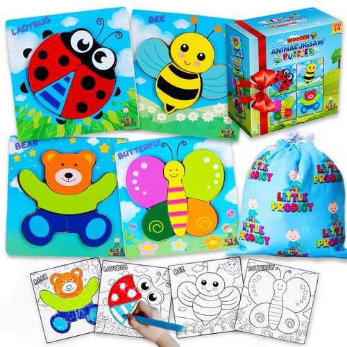 Wooden Puzzles for Toddlers 1-3 Girls & Boys, Sensory Toys, Educational Learning Toys: 4 Puzzles Ages 1-3, Gift Box, Storage Bag, Matching Coloring Book, Animals Puzzle for Toddlers Set of 4