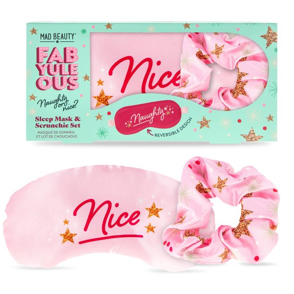 MAD Beauty FabYuleOus Christmas Revisable Naughty or Nice Sleep Mask and Scrunchie Set, Soft & Comfortable for a Good Night’s Sleep, Cute Novelty Eye Shade, Sleep Soundly, Hair Scrunchie Ponytail Hold