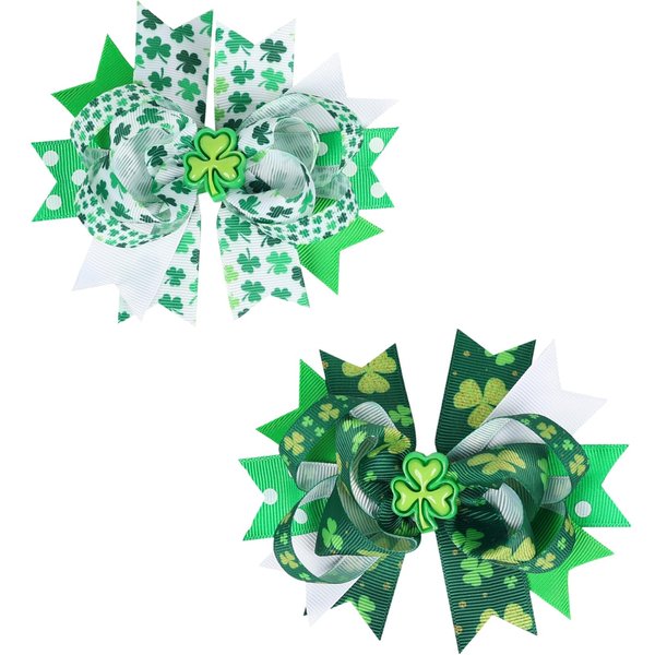 2 Packs St. Patrick's Day Hair Bows Clips Green Shamrock Hair Bows Grosgrain Ribbon Bowknots Boutique Alligator Hair Pins for Kids Irish Shamrock Clover Headwear Accessories for Kids Girls Women