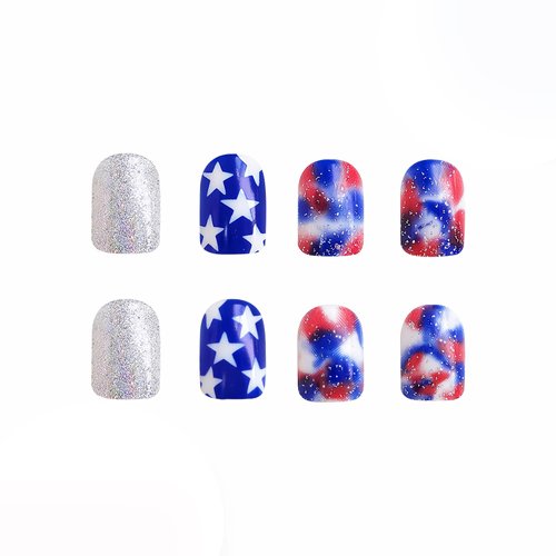 BABALAL 4th of July Press on Nails Short Square Fake Nails Glue ons Nails Star Bling Design Independence Day Acrylic Nails 24Pcs USA Squoval False Nails