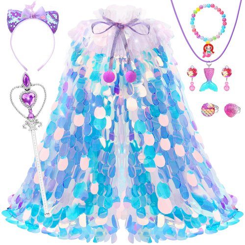 Princess Dress Up for Girls 4-6, Mermaid Toddler Toys for Ages 3-8, 8 Pcs Shiny Sequin Princess Cape Set Kids Toys, Princess Girl Toys for Easter Halloween Birthday Christmas Gifts Party Favors