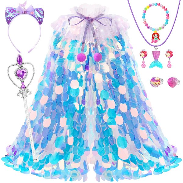 Princess Dress Up for Girls 4-6, Mermaid Toddler Toys for Ages 3-8, 8 Pcs Shiny Sequin Princess Cape Set Kids Toys, Princess Girl Toys for Easter Halloween Birthday Christmas Gifts Party Favors