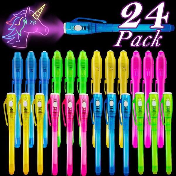 [ 2 Style ] 24 Pack Easter Basket Stuffers Gifts for Kids School Invisible Ink Pen with UV Black Light Secret Spy Pens Magic Disappearing Ink Markers Classroom Supplies Kids Party Favor for Boys Girls