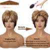 MIMAN Short Brown Pixie Cut Wig Short Hair Wigs with Bangs Mixed Blonde Highlight Layered Fluffy Synthetic Hair Replacement Wig for Women Halloween Costumes Wigs