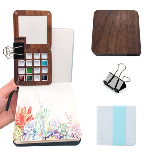 Mini Watercolor Palette,Travel Watercolor with Lid,Wooden Colour Palette Box for Painting Gift for Painters 15 Grids Box - Gift a Clip,Pocket Watercolor Book,Mini Sketchbook