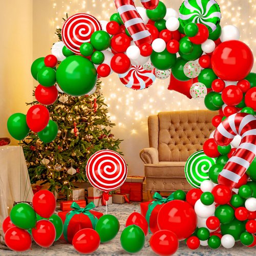 MGparty 172 PCS Christmas Balloon Garland Arch Kit with White Red Green Latex Balloons Christmas Candy Cane Balloons Red Star Holiday Balloons Gifts Box Balloons for Christmas Party Decorations