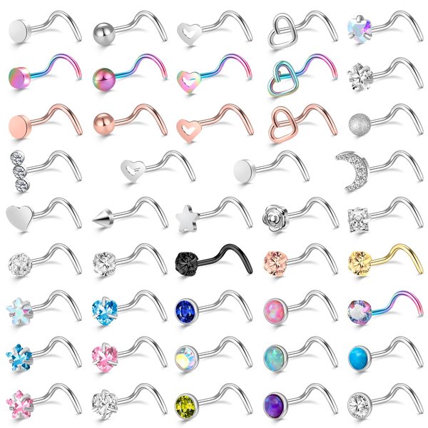 ONESING 44 Pcs 20G Screw Nose Rings Studs Corkscrew Nose Rings for Women Nose Piercings Jewelry Surgical Stainless Steel Moon Star Heart Butterfly Hypoallergenic Body Piercing Jewelry for Women Men