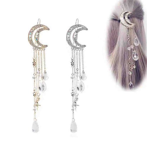 Erimberate Bohemian Moon Star Hair Clip Paved Moon Hair Barrette Gold Crystal Drop Hair Pins Clip Dangle Crystal Tassel Hair Barrette Headclip Rhinestone Headwear Decorative Hair Accessories Jewelry